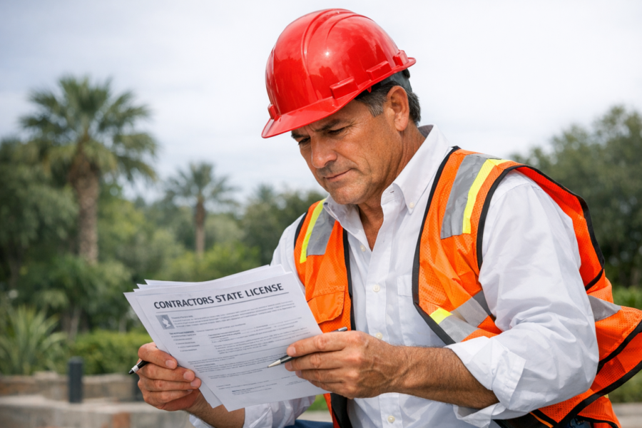 Contractor reviewing exemption documents with official