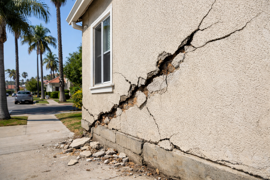 Cracked stucco wall after California earthquake