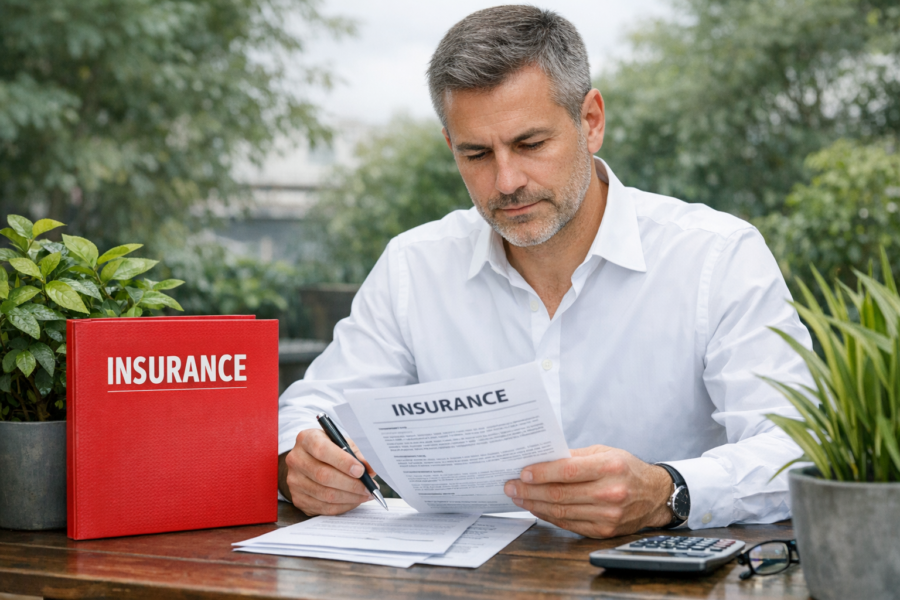 Business owner reviewing insurance policy documents