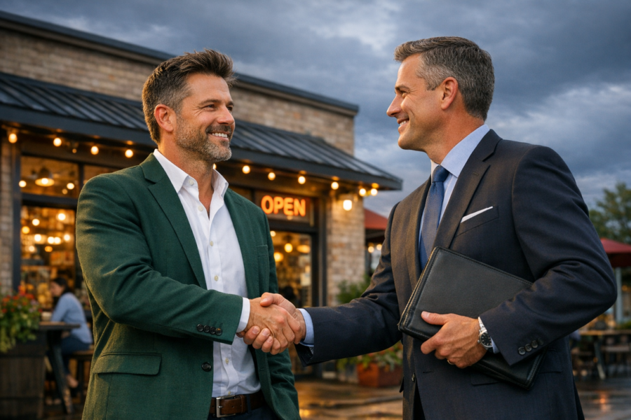 Business owner reviewing insurance policy documents