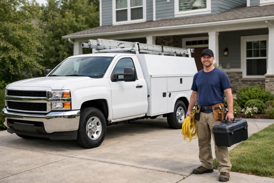 White service truck parked outside residential home